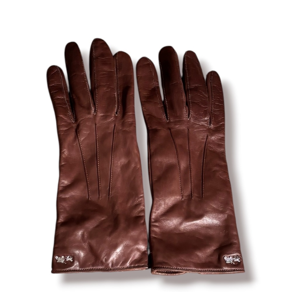 Coach Brown Sheep Leather Merino Wool Lined Gloves Horse Carriage Logo Size 8